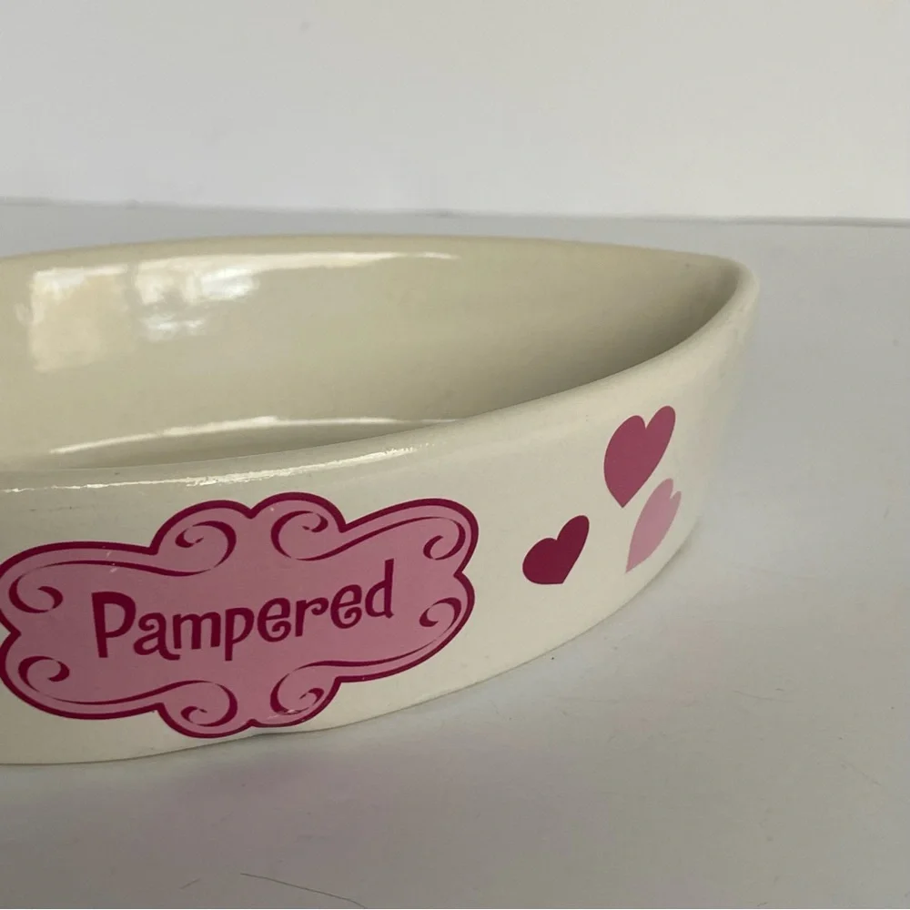 Cat Bowl Fish Shaped Ceramic “Pampered” White Pink. 8” Long Water Food Kitty